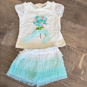 Mayoral White and Blue Floral Top with Ruffled Shorts 6months